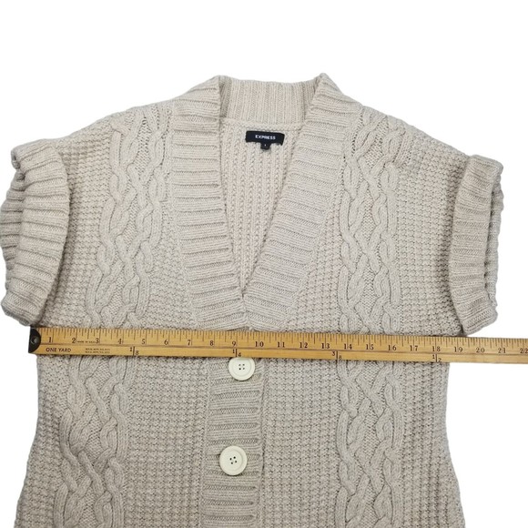 Express Women L Cardigan Sweater Short Sleeve Merino Wool Blnd Chunky Knit Beige - Picture 7 of 12